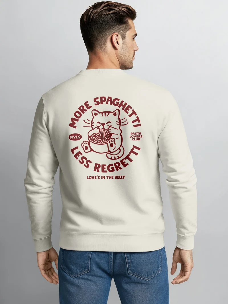 Sweatshirt Herren Pullover mit Backprint More Spaghetti Less Regretti Spruch Food Katze Funny Streetwear