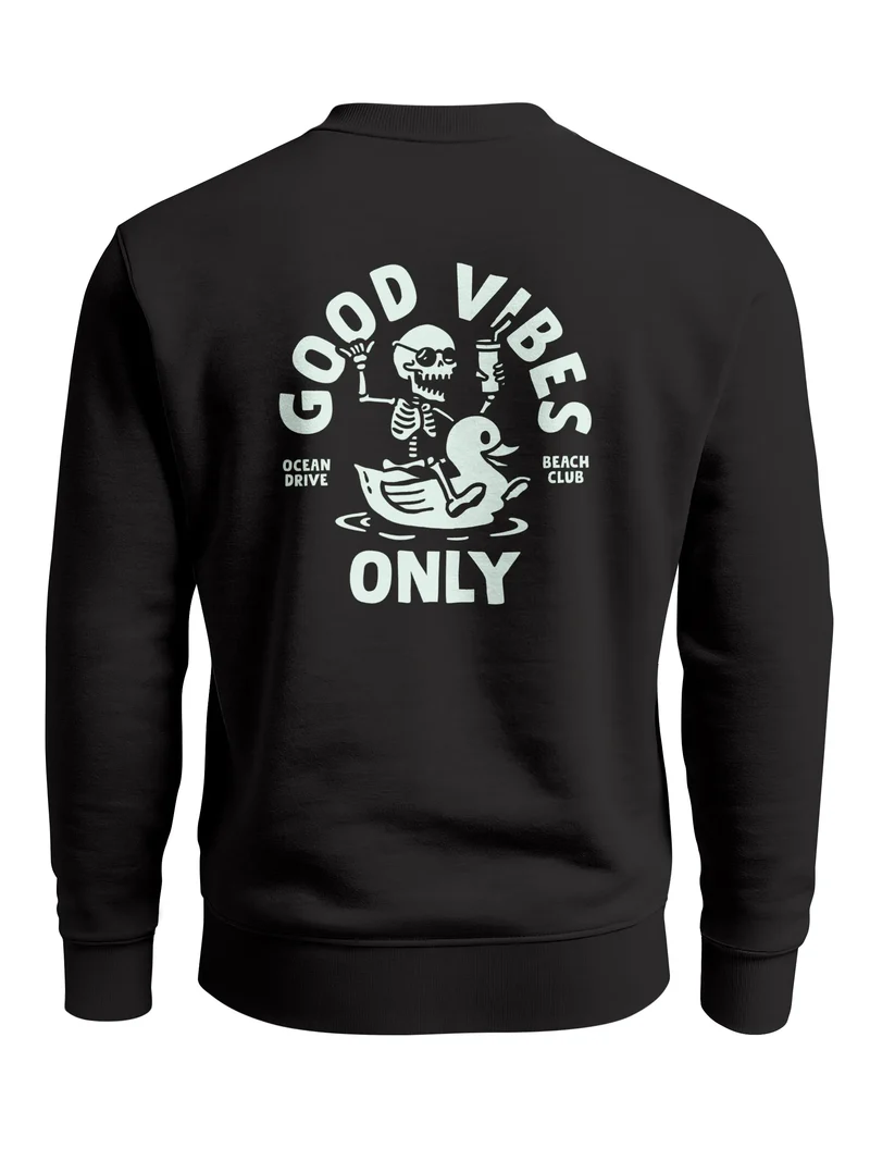 Sweatshirt Herren Pullover mit Backprint Good Vibes Only Skelett Spruch Fun Style Fashion Streetwear