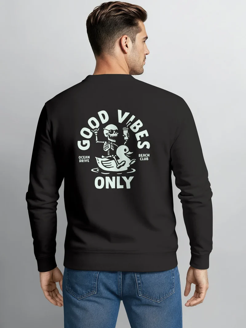 Sweatshirt Herren Pullover mit Backprint Good Vibes Only Skelett Spruch Fun Style Fashion Streetwear