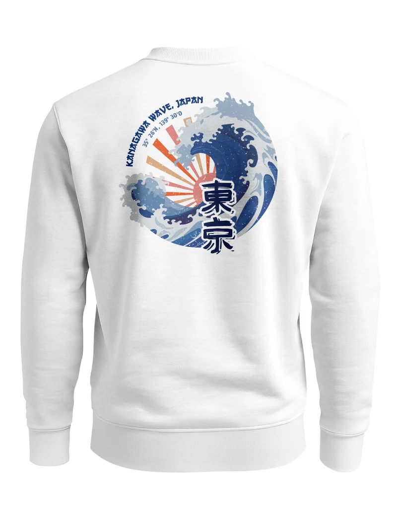 Sweatshirt Herren Pullover mit Backprint Tokyo Schriftzeichen und Kanagawa Welle Illustration Fashion Streetwear