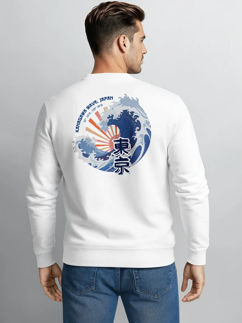 Sweatshirt Herren Pullover mit Backprint Tokyo Schriftzeichen und Kanagawa Welle Illustration Fashion Streetwear