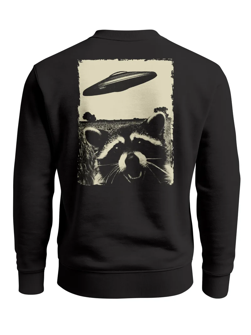 Sweatshirt Herren Pullover mit Backprint UFO Waschbär Retro Fund Design Fotoprint Fashion Streetwear