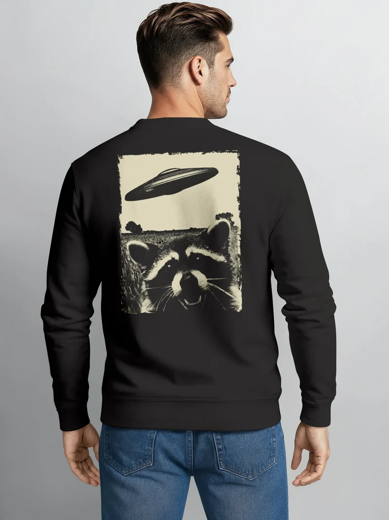 Sweatshirt Herren Pullover mit Backprint UFO Waschbär Retro Fund Design Fotoprint Fashion Streetwear