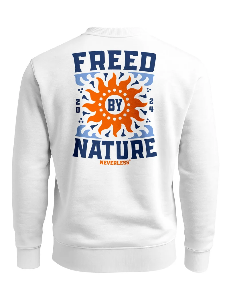 Sweatshirt Herren Pullover mit Backprint Freed by Nature Sonnenmotiv mit Retro-Schriftzug Outdoor Streetwear Fashion