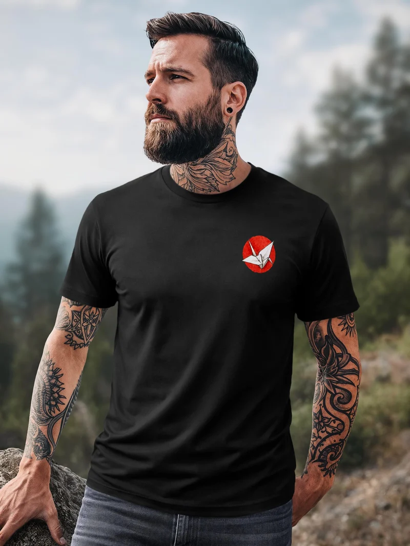 Herren T-Shirt Frontprint - Origami Kranich - Baumwollshirt Männer Fashion Streetstyle Slim Fit