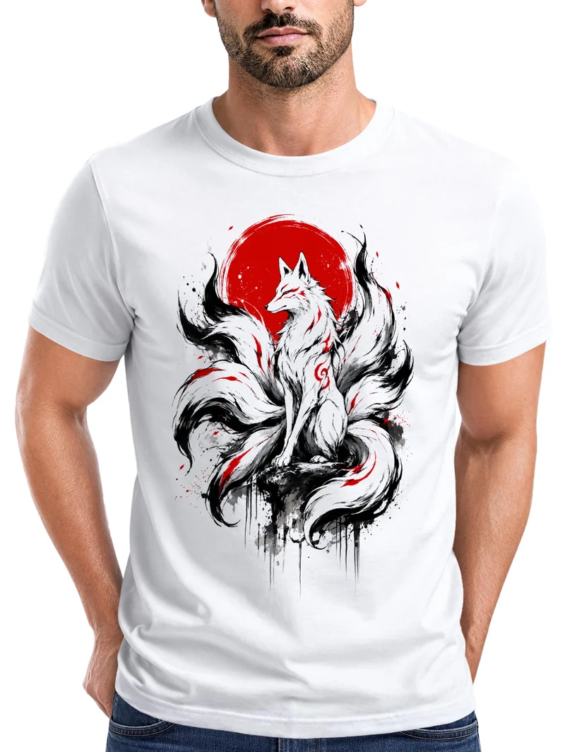 Herren T-Shirt Frontprint - Fuchs Design Kitsune - Baumwollshirt Männer Fashion Streetstyle Slim Fit