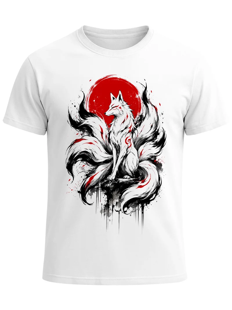 Herren T-Shirt Frontprint - Fuchs Design Kitsune - Baumwollshirt Männer Fashion Streetstyle Slim Fit