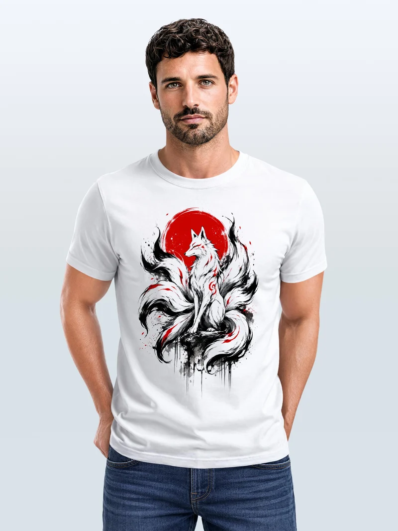 Herren T-Shirt Frontprint - Fuchs Design Kitsune - Baumwollshirt Männer Fashion Streetstyle Slim Fit