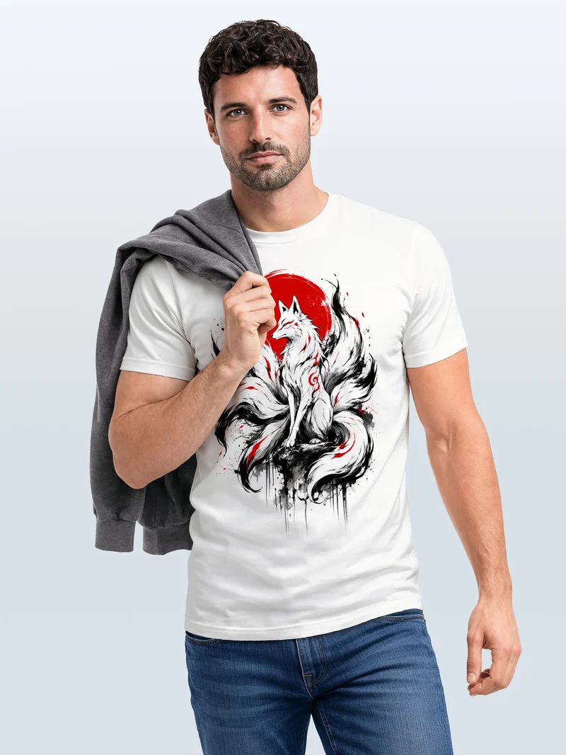 Herren T-Shirt Frontprint - Fuchs Design Kitsune - Baumwollshirt Männer Fashion Streetstyle Slim Fit