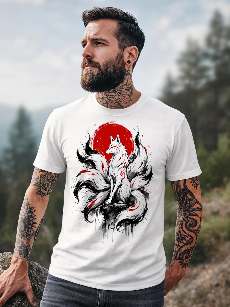 Herren T-Shirt Frontprint - Fuchs Design Kitsune - Baumwollshirt Männer Fashion Streetstyle Slim Fit