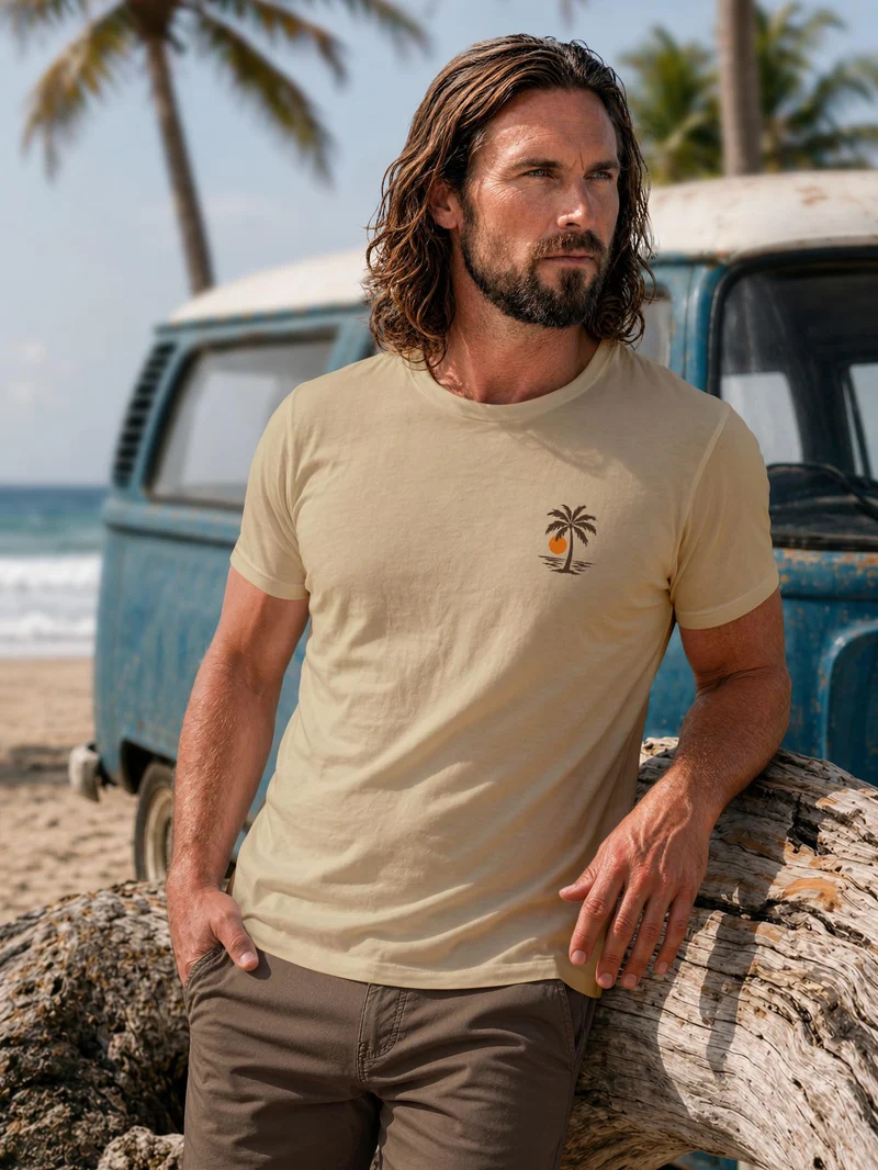 Herren T-Shirt Frontprint - Logo Design Beach - Baumwollshirt Sommer Männer Fashion Streetstyle Slim Fit