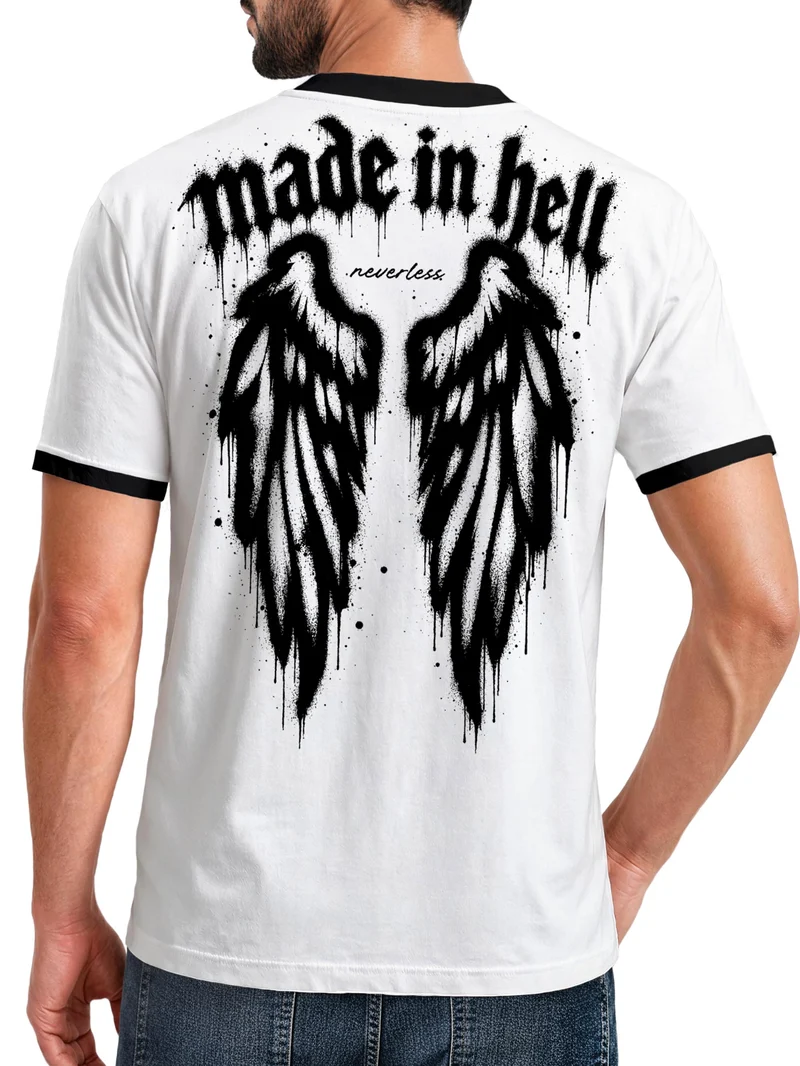 Herren T-Shirt Retro Kontrastbund - Design Graffiti Wings - Printshirt im Vintage-Look