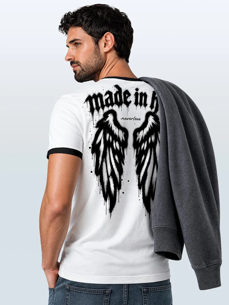 Herren T-Shirt Retro Kontrastbund - Design Graffiti Wings - Printshirt im Vintage-Look