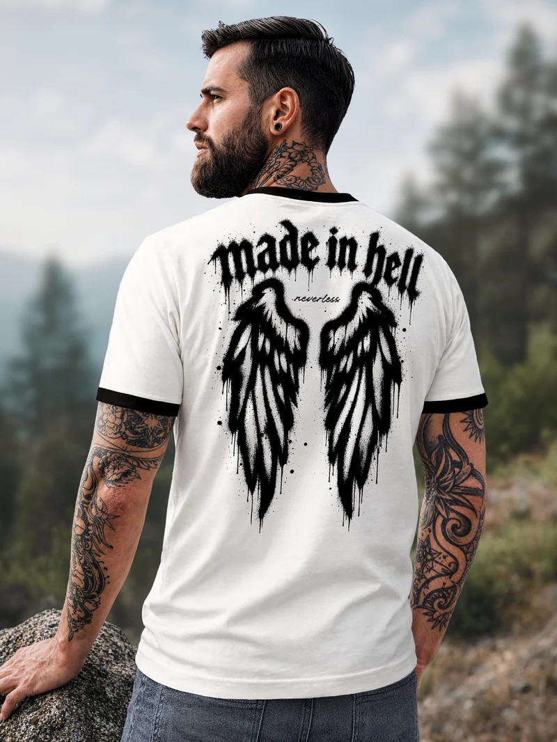 Herren T-Shirt Retro Kontrastbund - Design Graffiti Wings - Printshirt im Vintage-Look