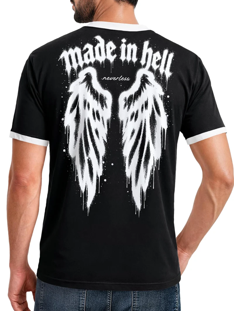 Herren T-Shirt Retro Kontrastbund - Design Graffiti Wings - Printshirt im Vintage-Look