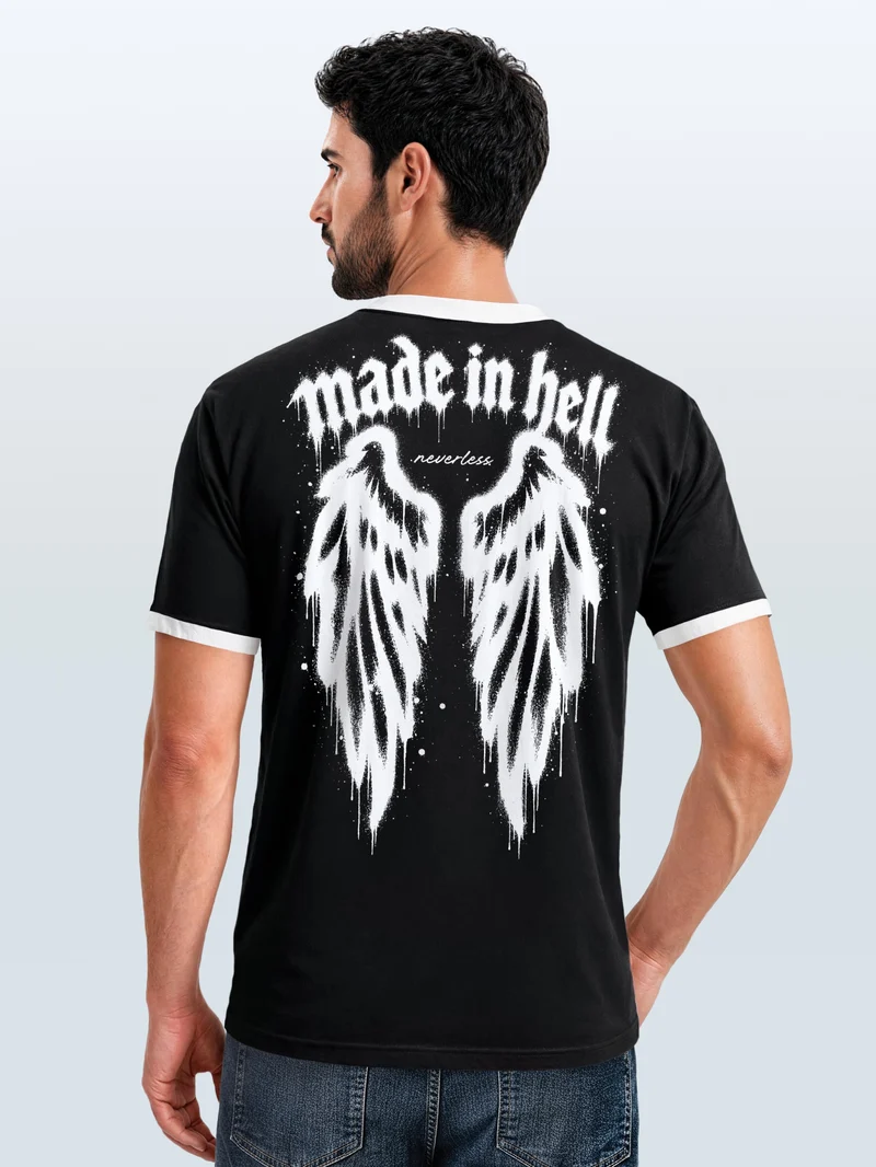 Herren T-Shirt Retro Kontrastbund - Design Graffiti Wings - Printshirt im Vintage-Look