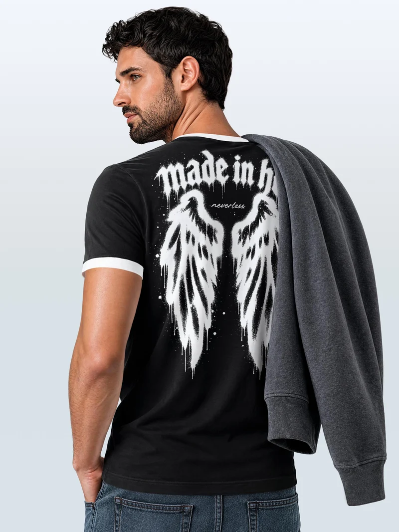 Herren T-Shirt Retro Kontrastbund - Design Graffiti Wings - Printshirt im Vintage-Look