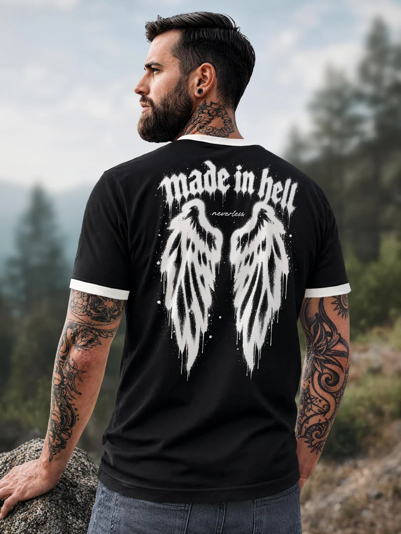 Herren T-Shirt Retro Kontrastbund - Design Graffiti Wings - Printshirt im Vintage-Look