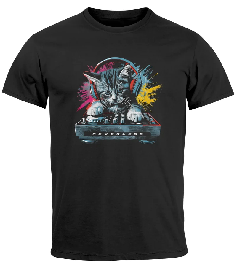 Herren T-Shirt Techno DJ Katze Electronic Music Rave Festival Printshirt Fashion Streetstyle