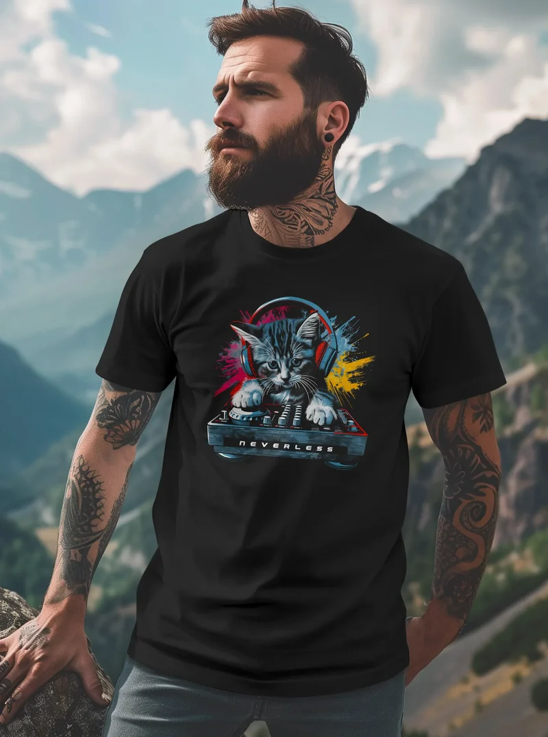 Herren T-Shirt Techno DJ Katze Electronic Music Rave Festival Printshirt Fashion Streetstyle