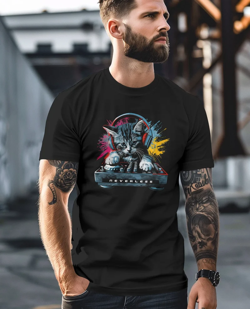 Herren T-Shirt Techno DJ Katze Electronic Music Rave Festival Printshirt Fashion Streetstyle