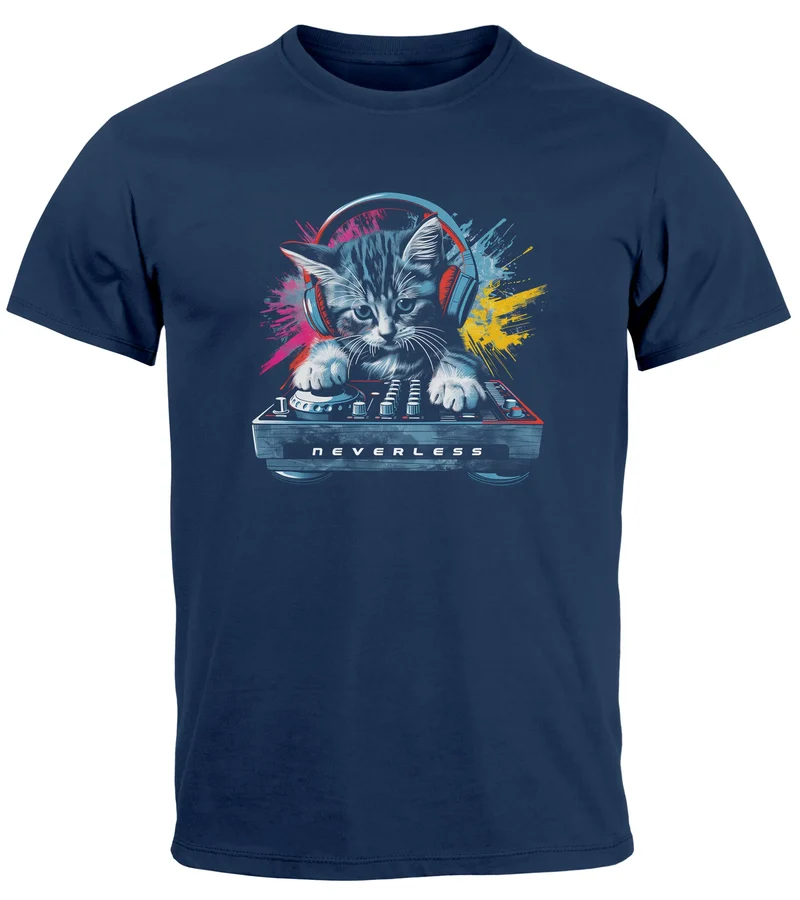 Herren T-Shirt Techno DJ Katze Electronic Music Rave Festival Printshirt Fashion Streetstyle