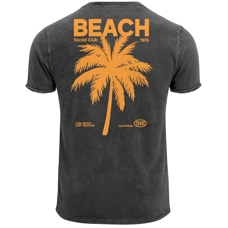 Herren Vintage T-Shirt Backprint Sommer Funshirt mit Palmen Print Retro Typografie – Strand Urlaub GrafikshirtUsed Look