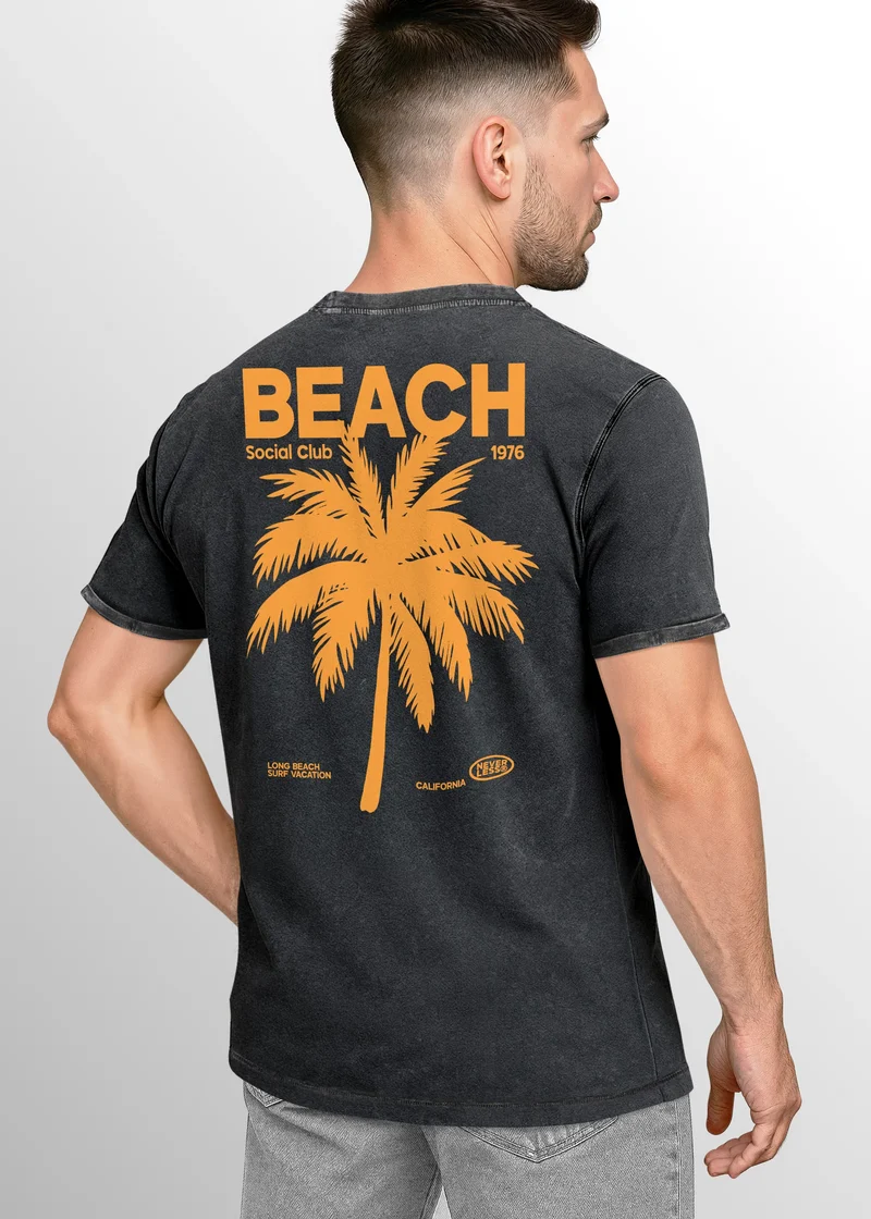 Herren Vintage T-Shirt Backprint Sommer Funshirt mit Palmen Print Retro Typografie – Strand Urlaub GrafikshirtUsed Look