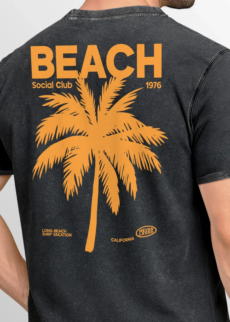 Herren Vintage T-Shirt Backprint Sommer Funshirt mit Palmen Print Retro Typografie – Strand Urlaub GrafikshirtUsed Look