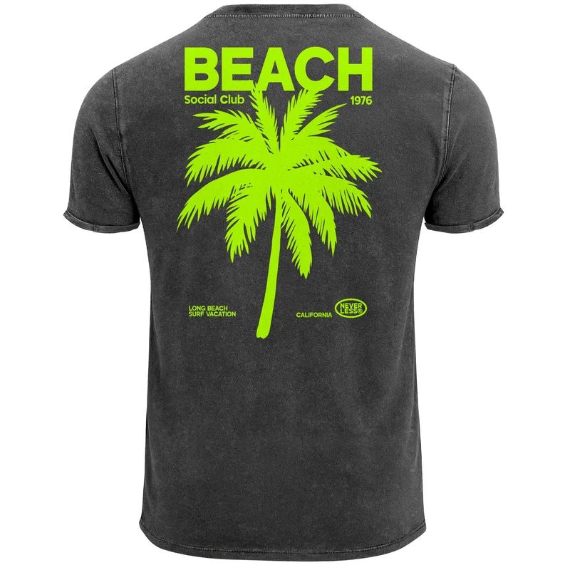 Herren Vintage T-Shirt Backprint Sommer Funshirt mit Palmen Print Retro Typografie – Strand Urlaub GrafikshirtUsed Look