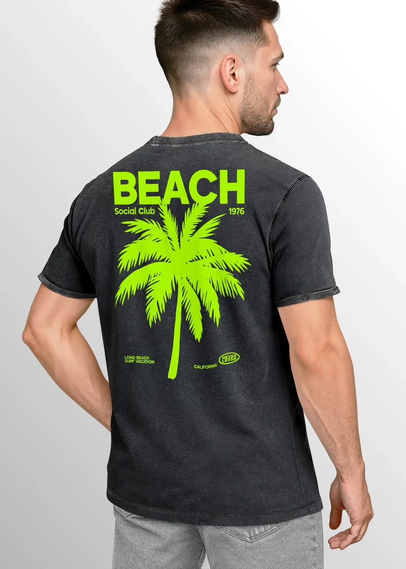 Herren Vintage T-Shirt Backprint Sommer Funshirt mit Palmen Print Retro Typografie – Strand Urlaub GrafikshirtUsed Look