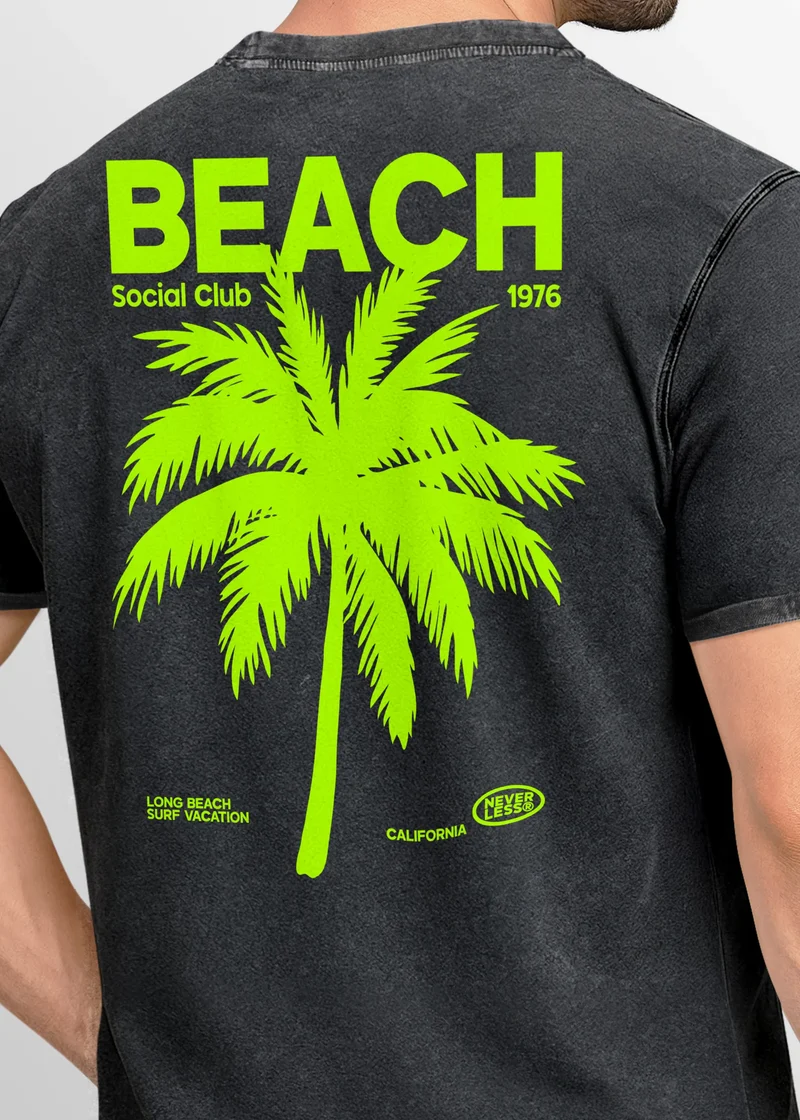 Herren Vintage T-Shirt Backprint Sommer Funshirt mit Palmen Print Retro Typografie – Strand Urlaub GrafikshirtUsed Look