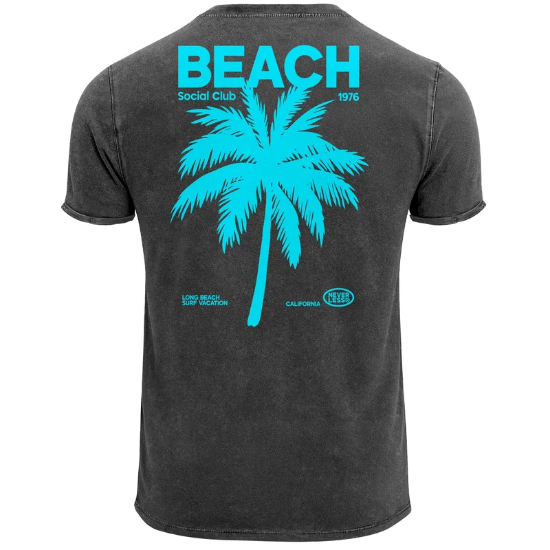 Herren Vintage T-Shirt Backprint Sommer Funshirt mit Palmen Print Retro Typografie – Strand Urlaub GrafikshirtUsed Look