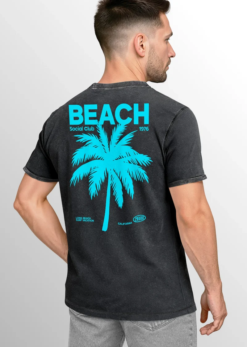 Herren Vintage T-Shirt Backprint Sommer Funshirt mit Palmen Print Retro Typografie – Strand Urlaub GrafikshirtUsed Look