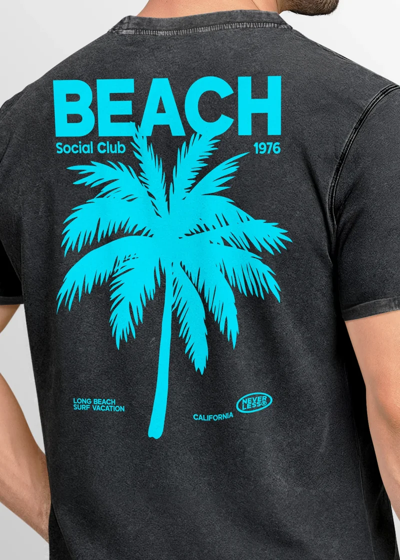 Herren Vintage T-Shirt Backprint Sommer Funshirt mit Palmen Print Retro Typografie – Strand Urlaub GrafikshirtUsed Look
