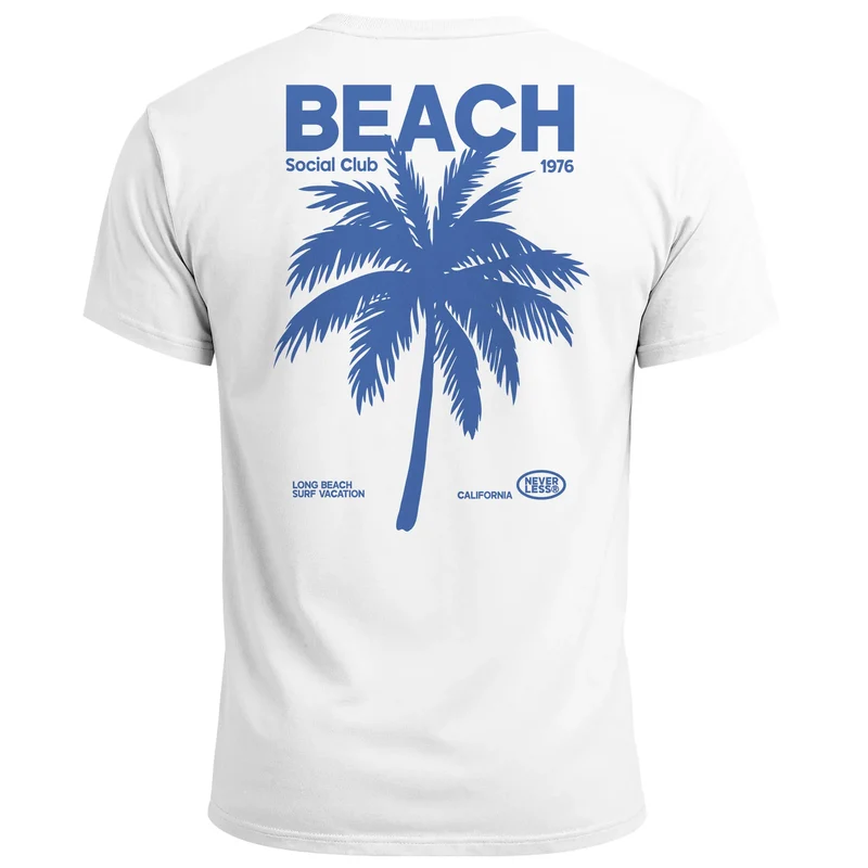 Herren T-Shirt Backprint Sommer Funshirt mit Palmen Print Retro Typografie – Strand Urlaub Grafikshirt Kurzarm Baumwwolle