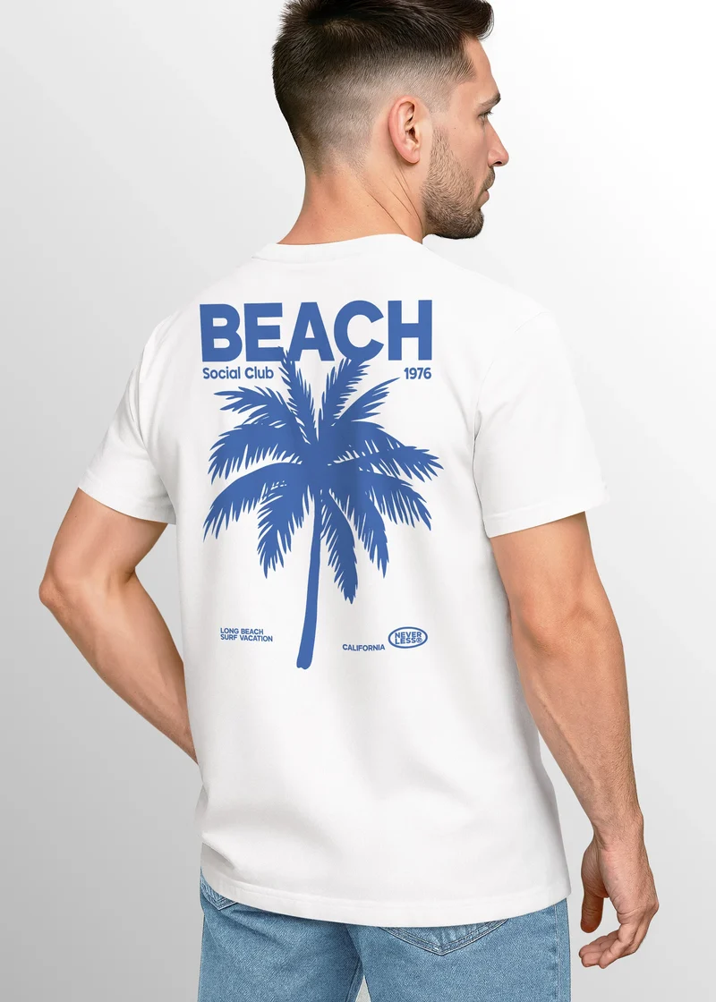 Herren T-Shirt Backprint Sommer Funshirt mit Palmen Print Retro Typografie – Strand Urlaub Grafikshirt Kurzarm Baumwwolle