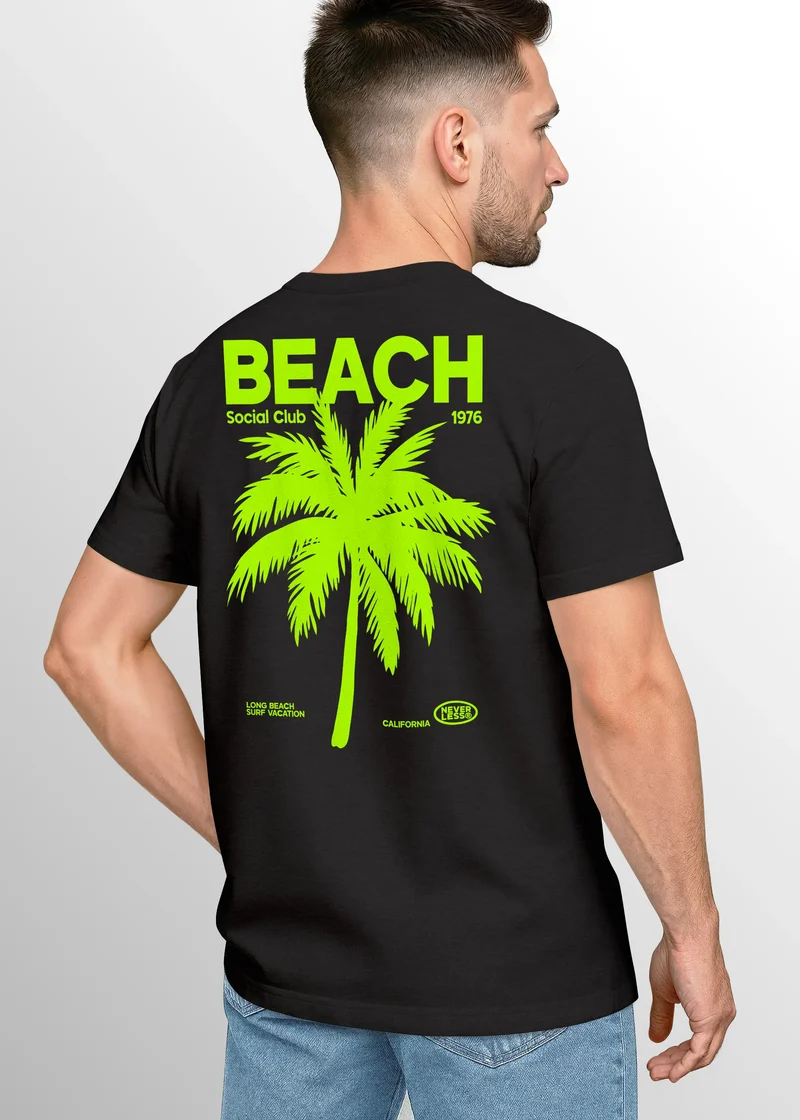 Herren T-Shirt Backprint Sommer Funshirt mit Palmen Print Retro Typografie – Strand Urlaub Grafikshirt Kurzarm Baumwwolle