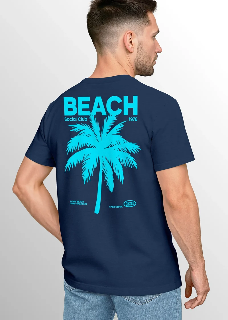 Herren T-Shirt Backprint Sommer Funshirt mit Palmen Print Retro Typografie – Strand Urlaub Grafikshirt Kurzarm Baumwwolle
