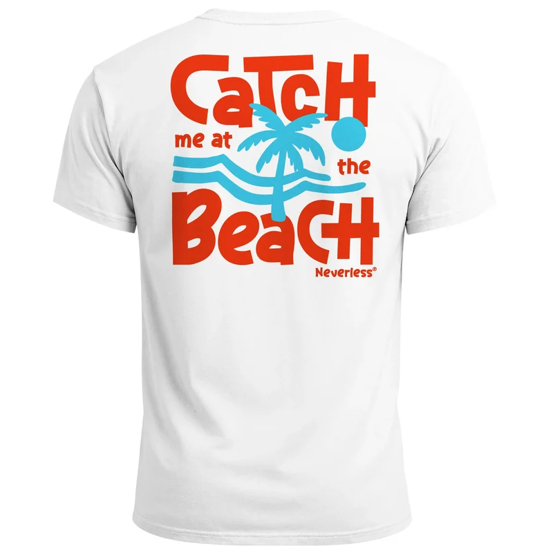 Herren T-Shirt Backprint Catch Me at the Beach – Sommer Funshirt mit Palmen Print Retro Schriftzug – Strand Grafikshirt Fashion Streetstyle