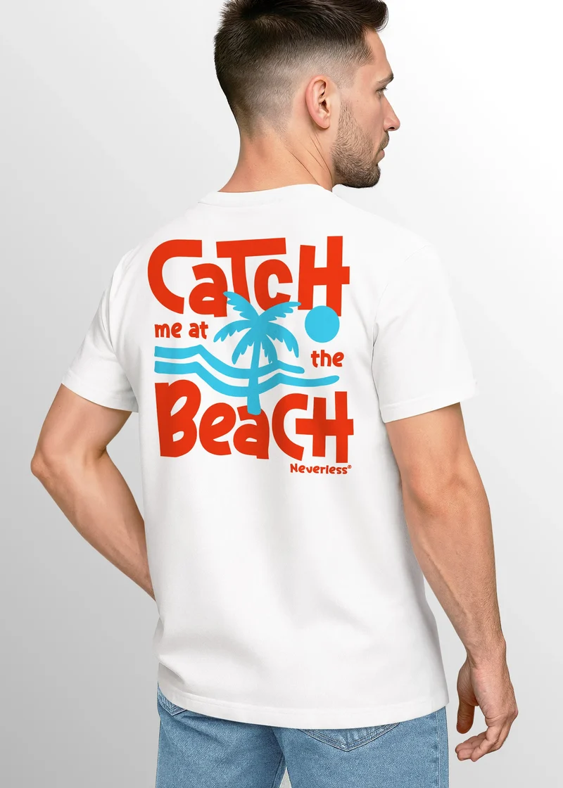 Herren T-Shirt Backprint Catch Me at the Beach – Sommer Funshirt mit Palmen Print Retro Schriftzug – Strand Grafikshirt Fashion Streetstyle