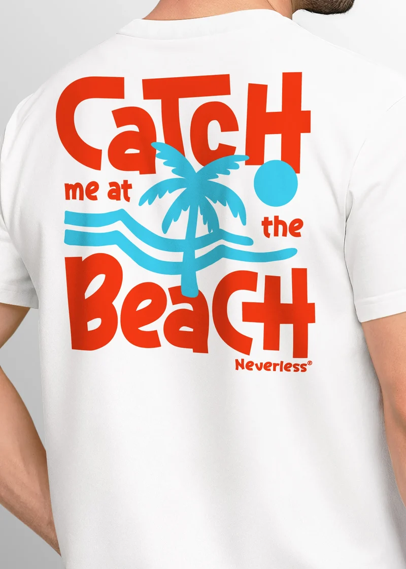 Herren T-Shirt Backprint Catch Me at the Beach – Sommer Funshirt mit Palmen Print Retro Schriftzug – Strand Grafikshirt Fashion Streetstyle