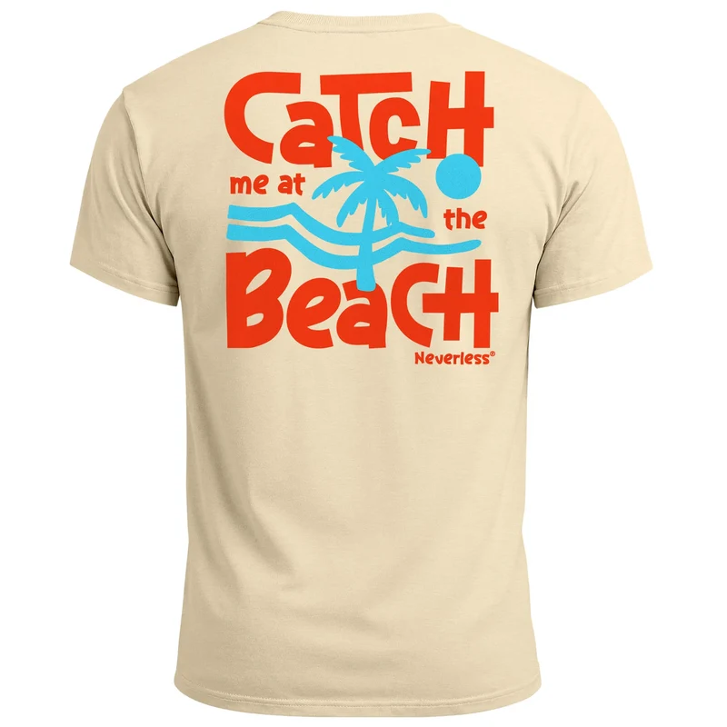 Herren T-Shirt Backprint Catch Me at the Beach – Sommer Funshirt mit Palmen Print Retro Schriftzug – Strand Grafikshirt Fashion Streetstyle