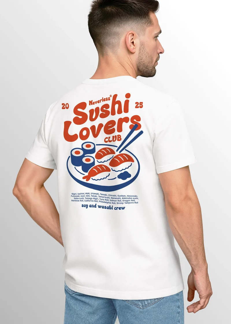 Herren T-Shirt Sushi Lovers Club – Grafikshirt mit Sushi Print – Lustiges Foodie Shirt Sommer Fashion Streetstyle