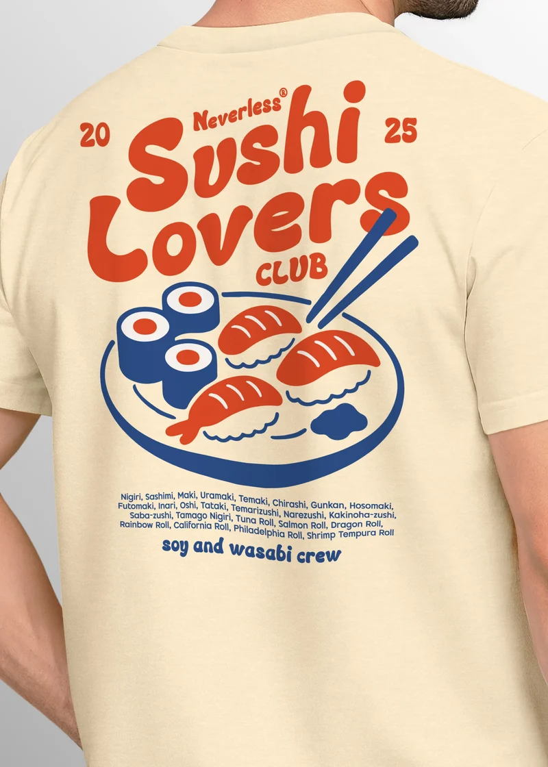Herren T-Shirt Sushi Lovers Club – Grafikshirt mit Sushi Print – Lustiges Foodie Shirt Sommer Fashion Streetstyle