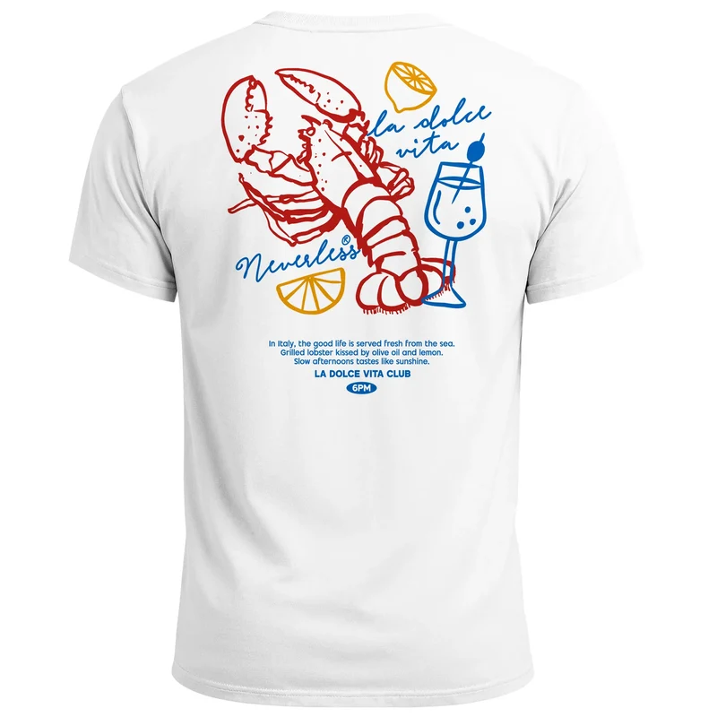 Herren T-Shirt La Dolce Vita Club – Sommer Grafikshirt mit Hummer Zitrone Wein Printshirt – Italien Lifestyle