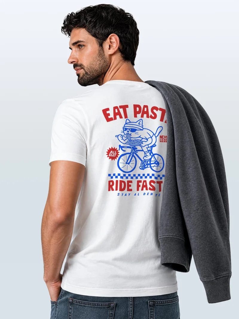 Herren T-Shirt Backprint - Katze Pasta Design - Baumwollshirt Männer Fashion Streetstyle Slim Fit
