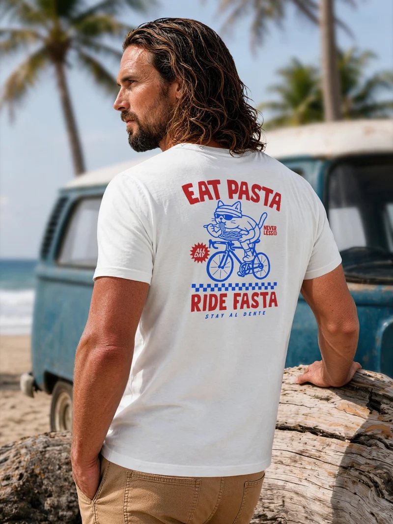 Herren T-Shirt Backprint - Katze Pasta Design - Baumwollshirt Männer Fashion Streetstyle Slim Fit
