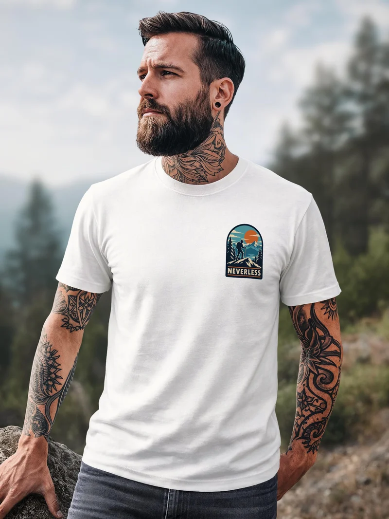 Herren T-Shirt Outdoor Hiking Badge Brustprint Slim Fit