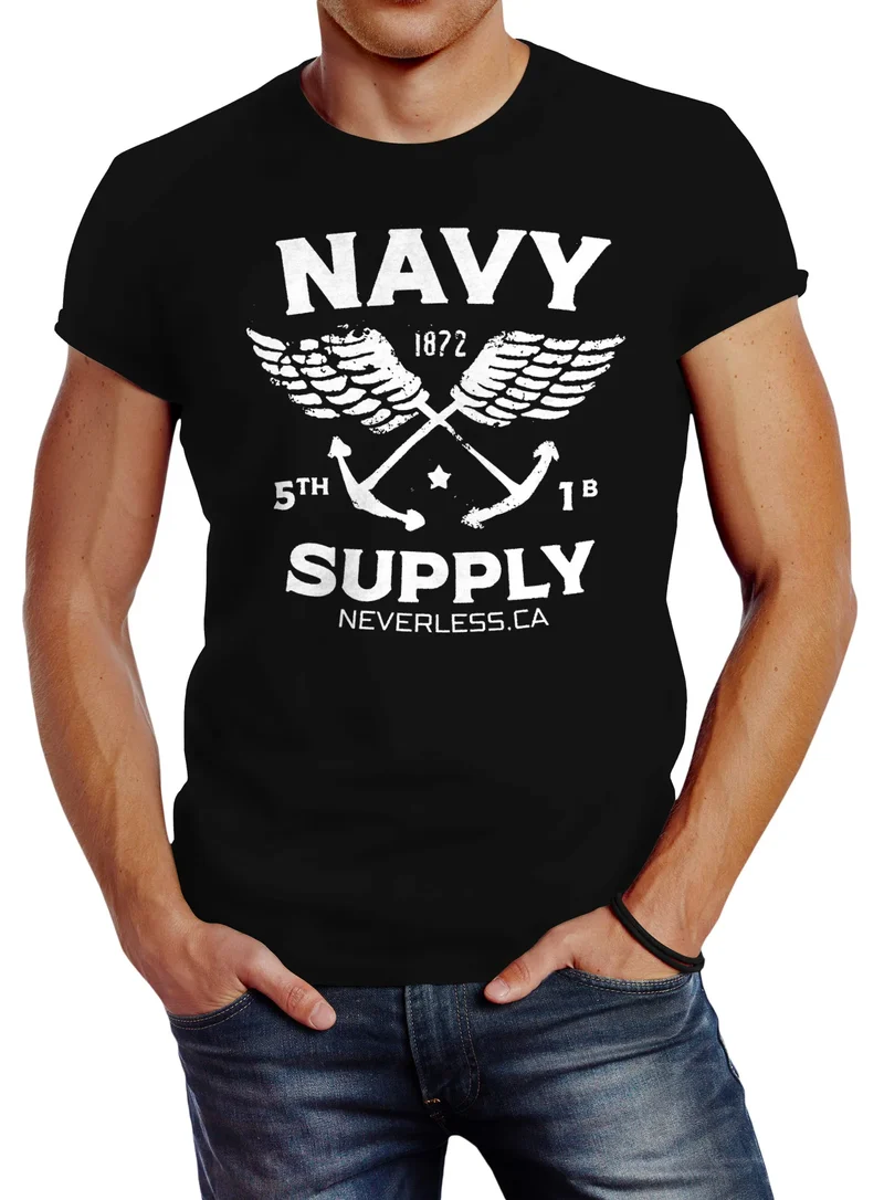 Cooles Herren T-Shirt New Nautical Maritim Anker mit Flügeln Navy Supply Vintage